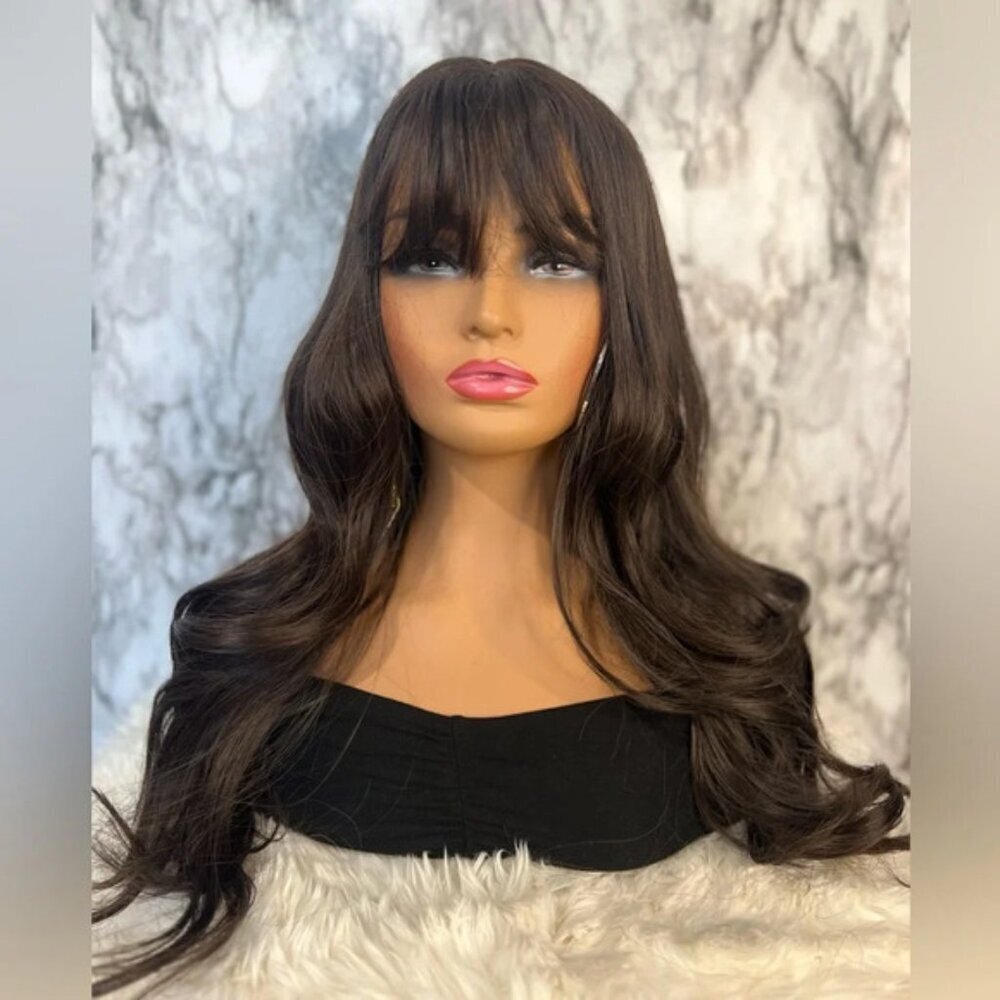 Chocolate Brown Body Wave Long Wig with bangs 24 Inch